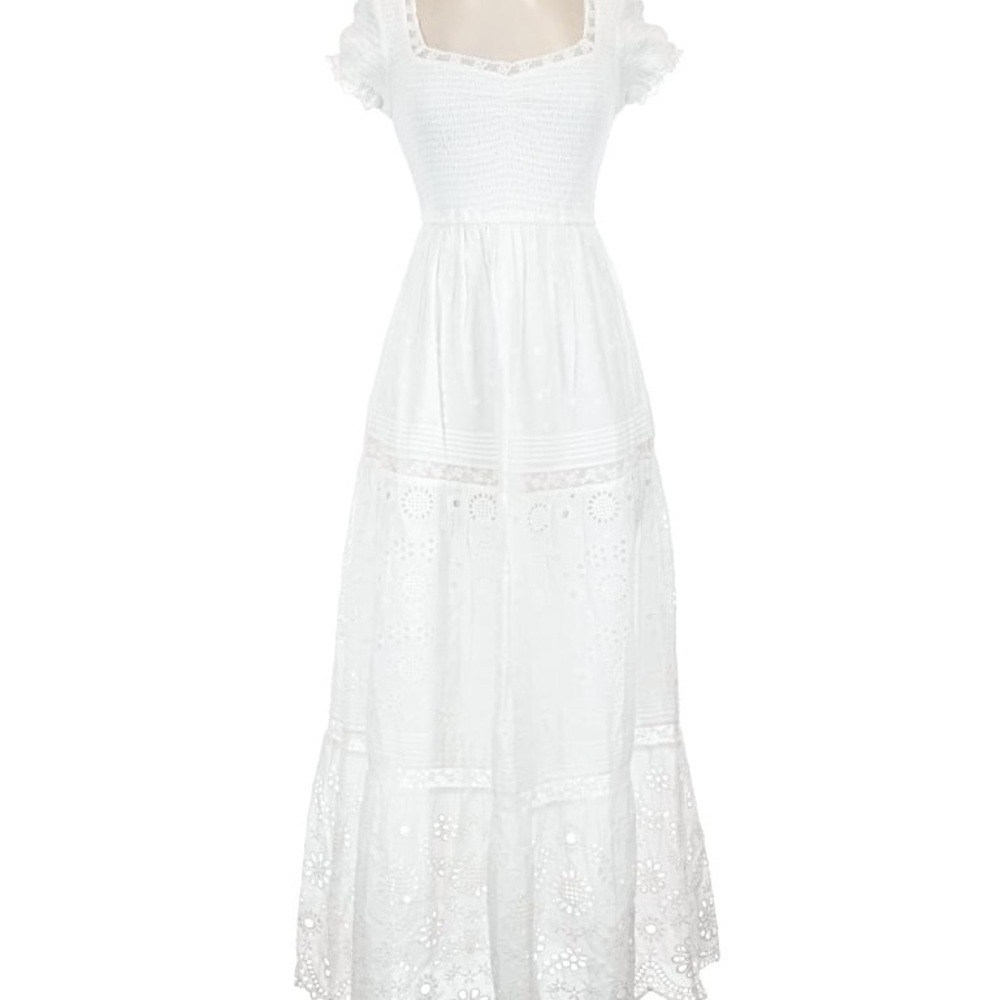 LoveShackFancy White Eyelet Smocked Maxi Dress